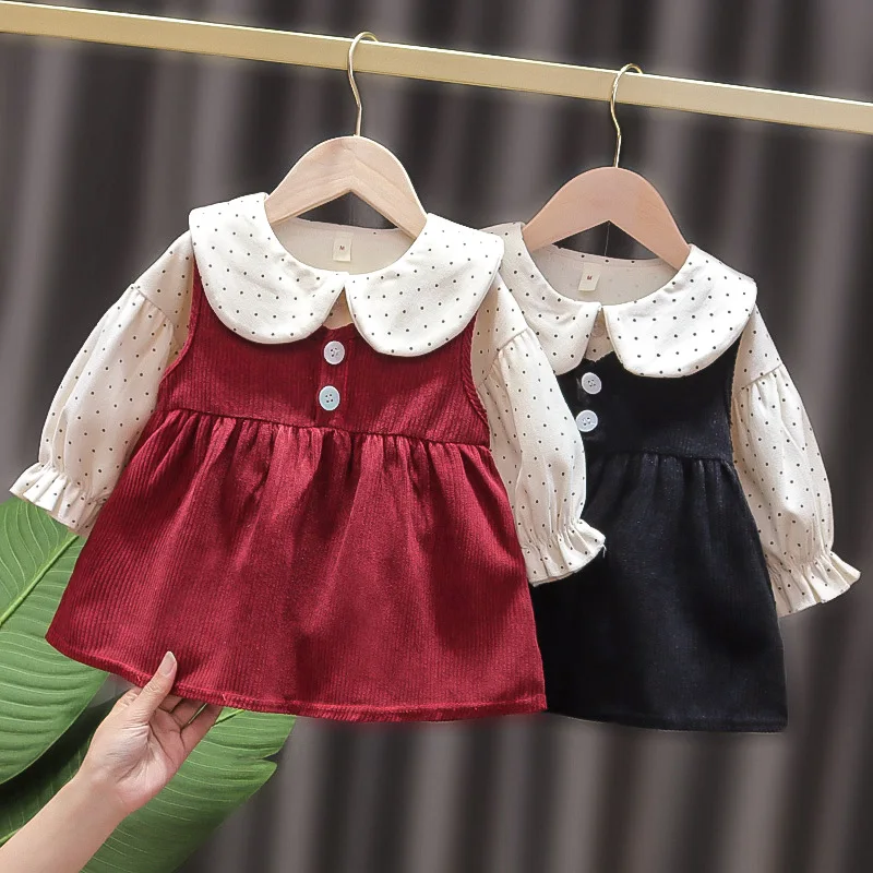 

Baby Spring Dresses Fall Polka Dot Blouse And Sleeveless Solid Color Dress 2pcs Outfits Toddler Girl Princess Vestidos