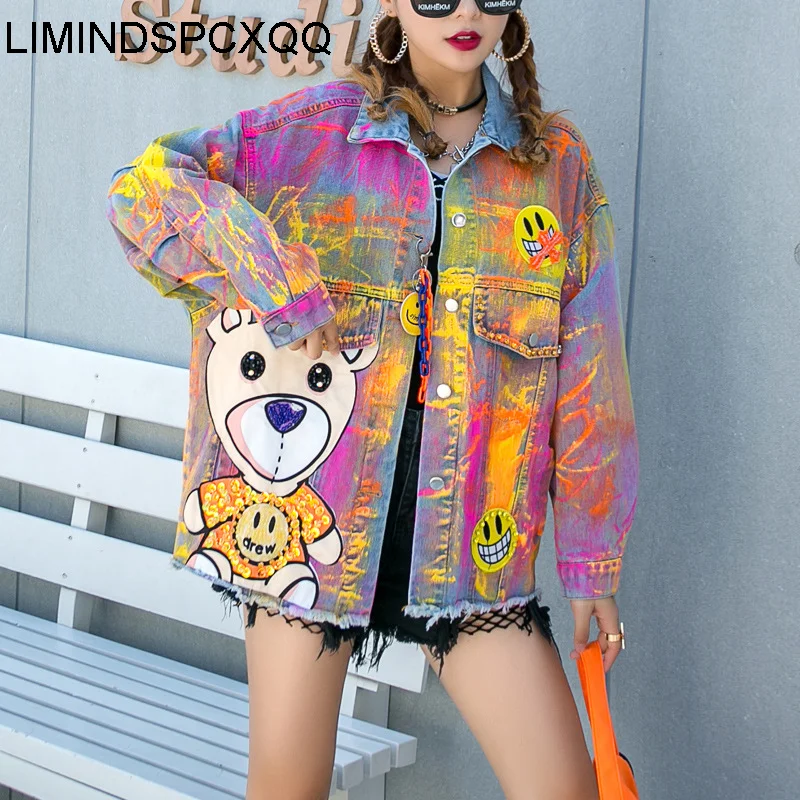 

Kobieta Kurtka Hip Hop Streetwear Denim Jackets Womens Female Spring Autumn Jean Coats Clothing 2021 Graffiti Bear Lapel Tops