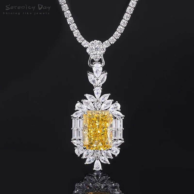 

Serenity Day S925 Sterling Silver 22*45MM Sparkling High Carbon Diamond Necklace For Women Sapphire Pendant Chain Fine Jewelry