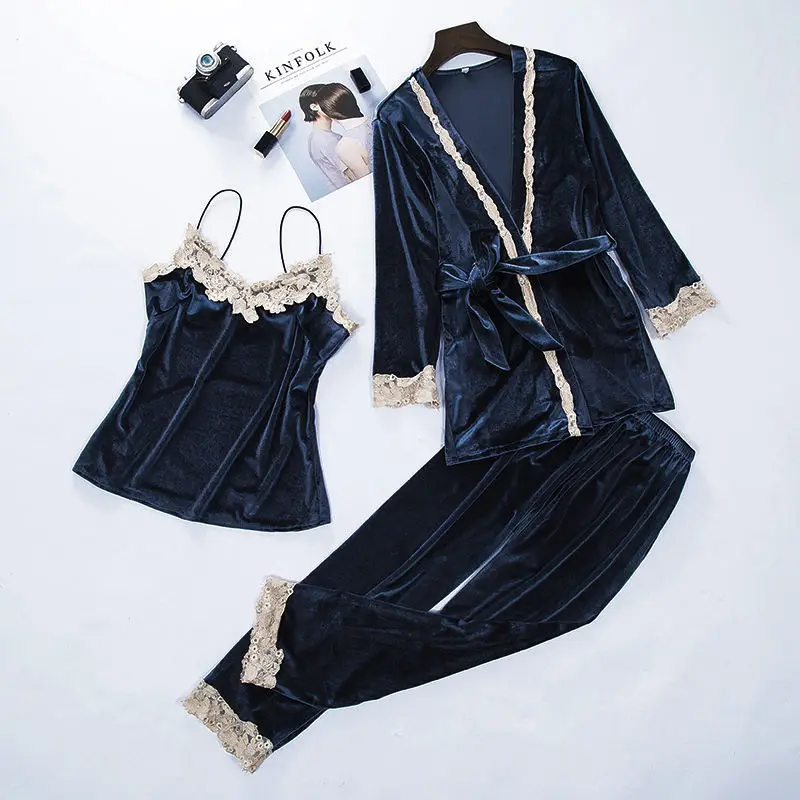 Женский бархатный пижамный комплект из 3 предметов Осенний кружевной Пижамный