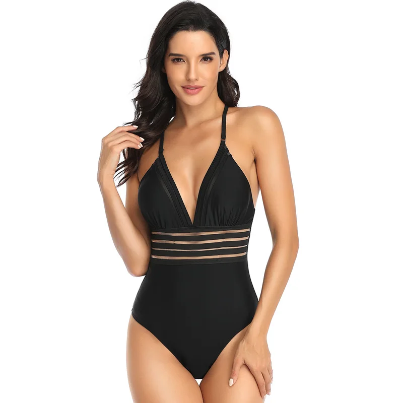 

New Summer Hollow Out Slimming Sexy One Piece Swimsuit 2021 Women V-Neck Backless Swimwear With Padded Solid Black Monokini 2XL