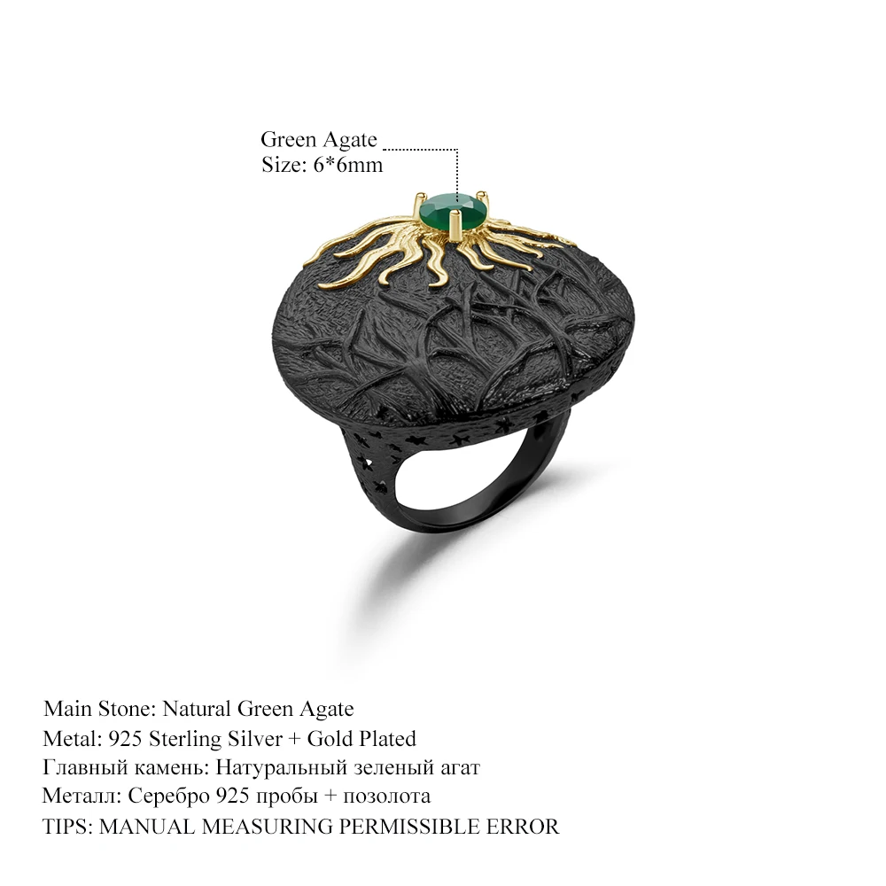 

GEM'S BALLET 925 Sterling Silver Black Handmade Ring Sun Chaser Story Natural Green Agate Gemstone Rings For Women Fine Jewelry