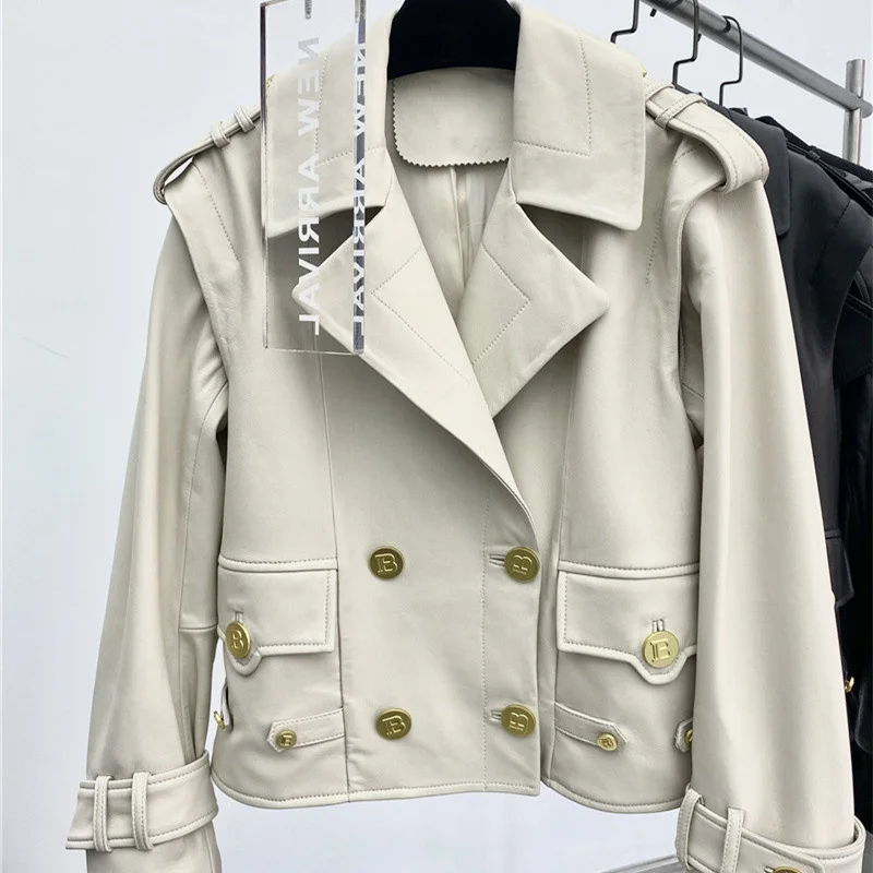 2022 Genuine Leather Jacket Women Short Fashion Gold Button Design Motorcycle Biker Zipper Natural Sheepskin Coat