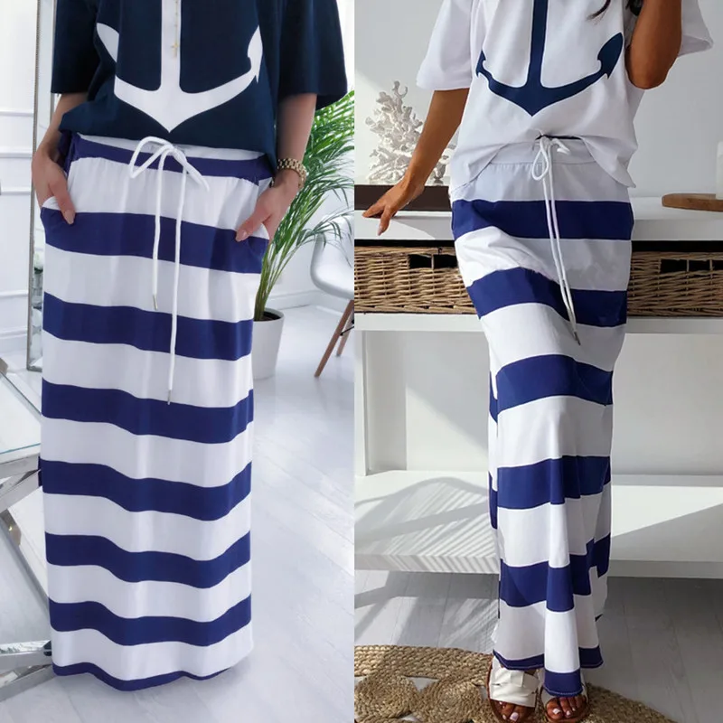 

Lady Stripe Maxi Skirt Womens Elastic Waist Drawstring Casual Pockets Summer Skirt Loose Long Skirts For Women Jupe Longue Femme