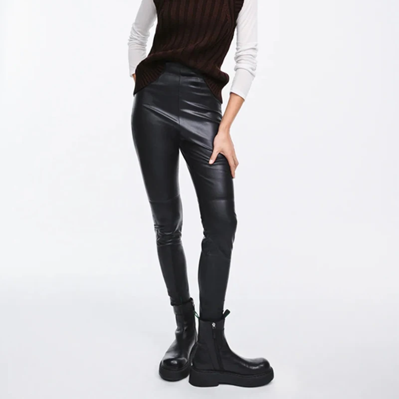 

Женские облегающие брюки-карандаш KUMSVAG, повседневные однотонные брюки из искусственной кожи с высокой талией, до щиколотки, 2021