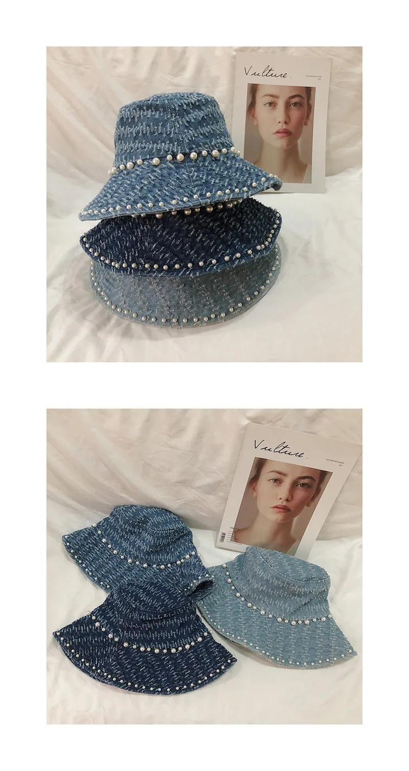 Summer Wild Pearl Denim Bucket Hats Fashion Statement Distressed Design Sun Hats for Women Travel Sunscreen Essentials