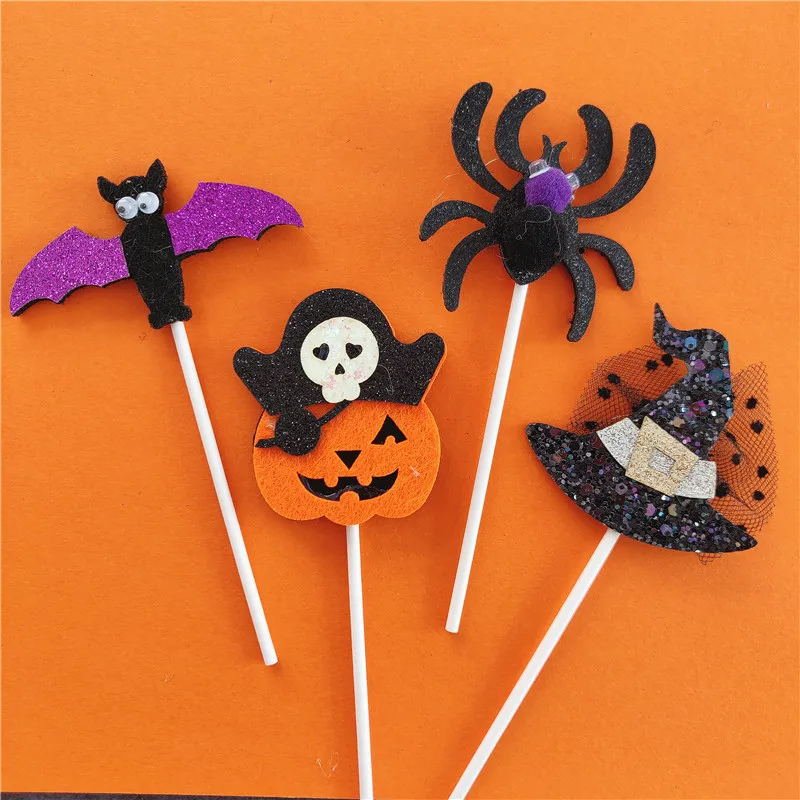 

3/4PCS lot Halloween Theme Party Cake Or Cupcake Topper Felt Material Bat Pirate Pumpkin Spider Witch Hat Cake Wrapper Supplies