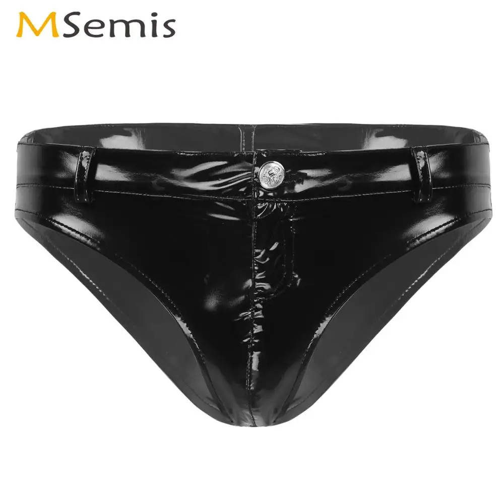 

Men Wetlook Leather Lingerie Sexy Low Rise Triangle Briefs Underwear Hombre Gay Erotic Zipper Open Crotch Booty Panties Clubwear