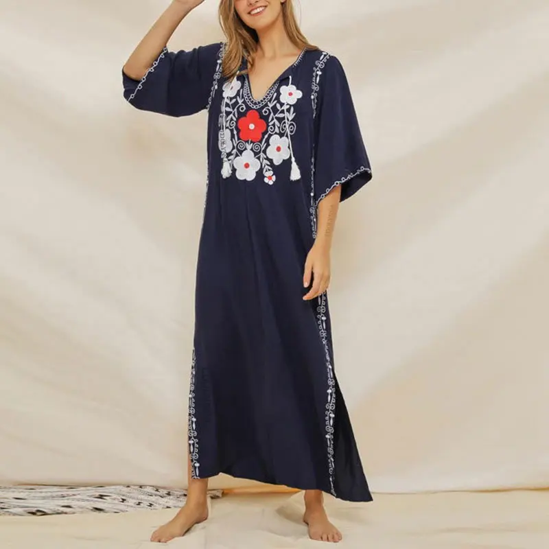 Хлопковая Пляжная накидка с вышивкой женская на бикини туники для пляжа парео