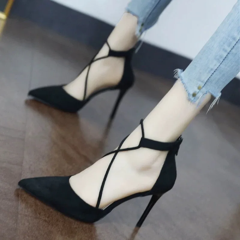 

Comfort Shoes for Women Cross Luxury Sandals All-Match Suit Female Beige High Heels 2021 Summer Cross-Shoes Fashion Black High-h