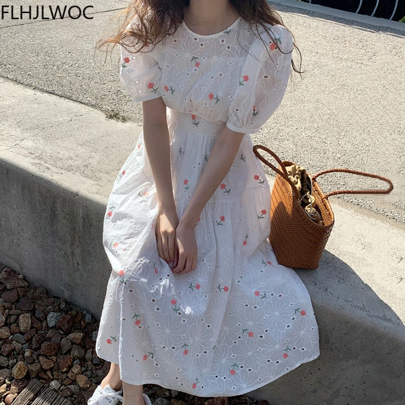 

2021 Korea Chic Prairie Cute Sweet Date Girls Feminine Women Floral Printed Retro Vintage Puff Sleeve White Dress