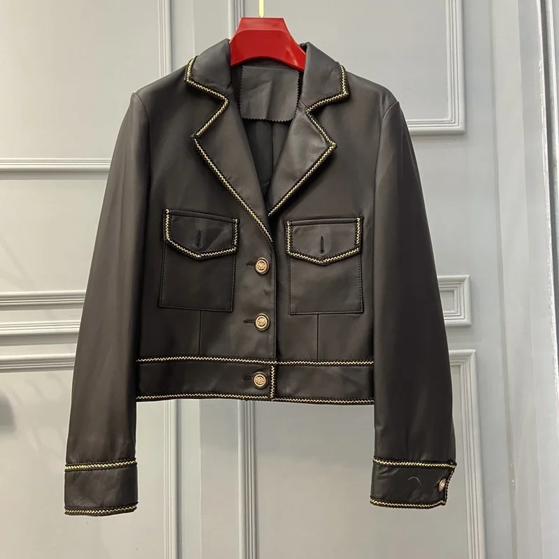 

SHZQ 2021 High Street Spring Women Jacket Real Sheep Skin Leather Coats Genuine Lambskin Leather Elegant Turn Down Collar