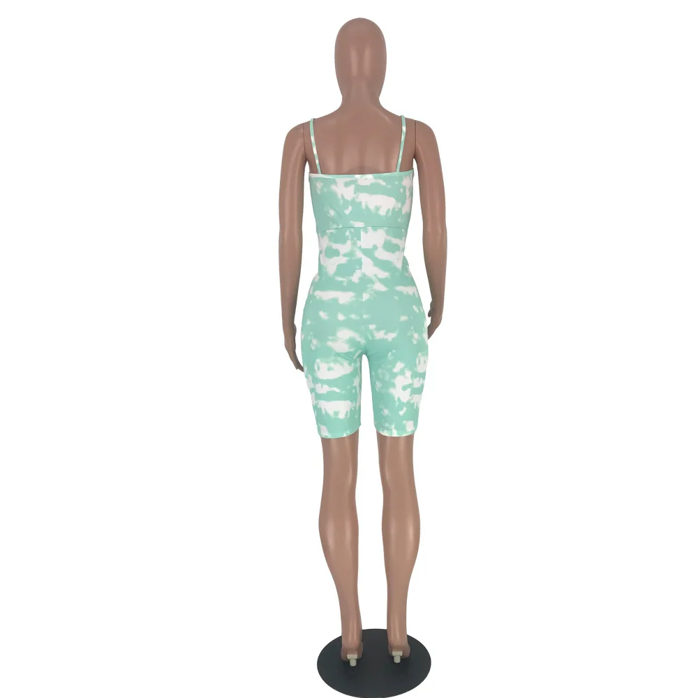 

Sexy Tie Dye Print Body Fitness Playsuit Summer Sportwear Spaghetti Strap Sleeveless Bodycon Biker Shorts Rompers Women Jumpsuit