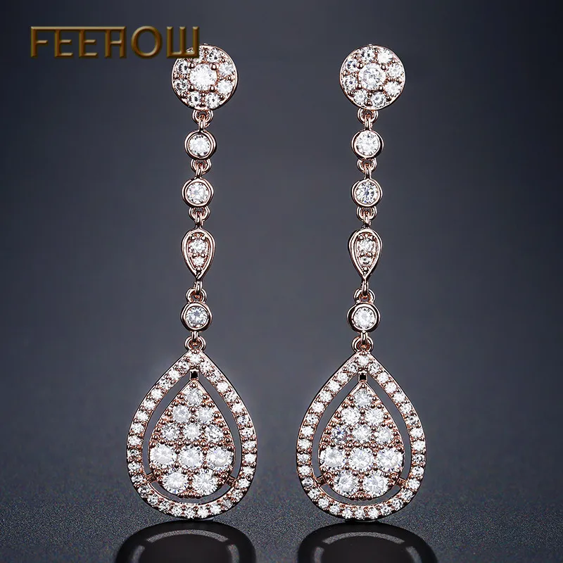 Женские длинные висячие серьги FEEHOW романтические с камнями из фианита для