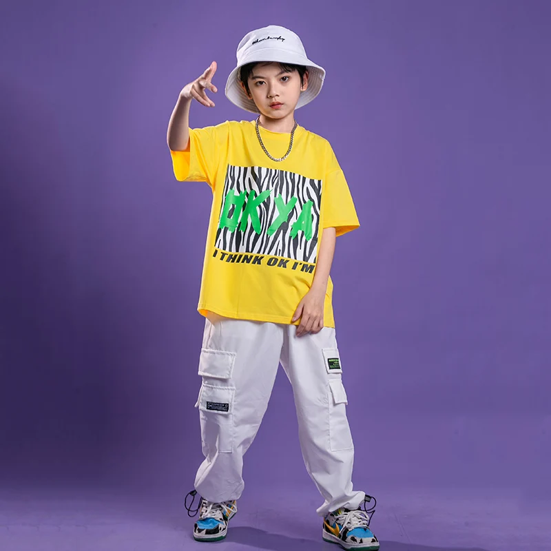 

Kids Concert Hip Hop Clothing Yellow TShirt Streetwear Cargo Pants For Girls Boys Jazz Dance Costume Clothes Singers Outfits