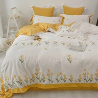 yellow flower 100 cotton embroidery lace bedding set linens bed linen quilt set twin size bedding duvet cover 240x220 king size