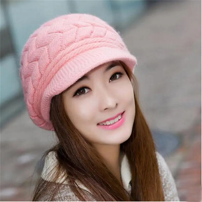 

Women's Hats Winter Warm Knitted Hat Rabbit Hair Double Layer Plus Velvet Cap Visor Beanies for Women Casual Gorras