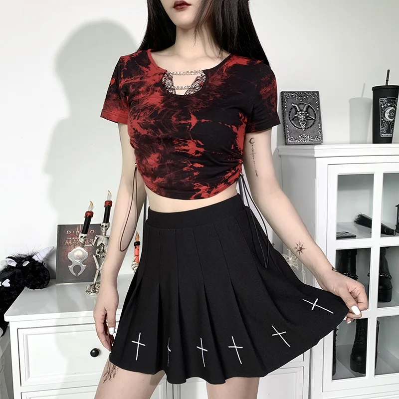 

Hollow Out T-shirts Women Harajuku Gothic Red And Black Tie Dye Chain Short Sleeve Drawstring Tshirts Female Casual Tops