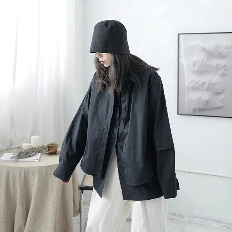 

[EAM] Women White Split Joint Big Size Blouse New Lapel Long Sleeve Loose Fit Shirt Fashion Tide Spring Autumn 2021 1DA998