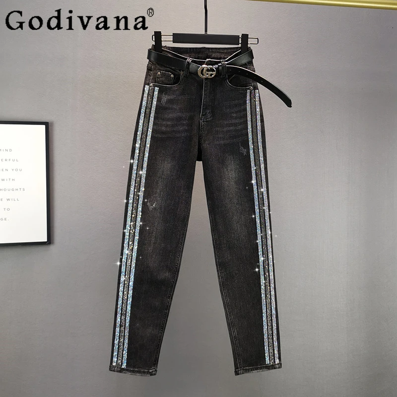

Embroidery Drilling Cigarette Pants Women's 2022 Spring High Waist Slimming Denim Trousers Lady Cotton Elastic Black Jeans