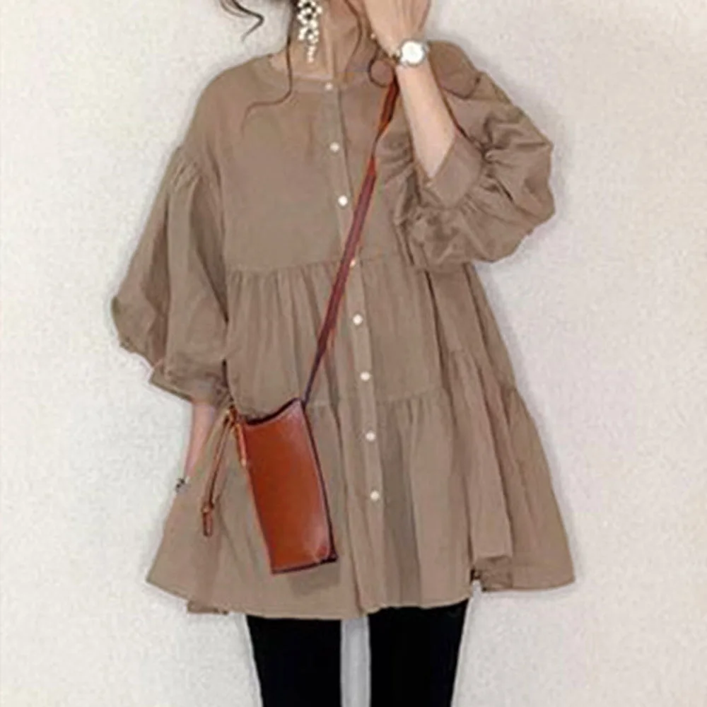 

2021 Fashion Women Shirts Loose Casual Streetwear Round Neck Button Plain Nine Points Sleeve Women's Blouse