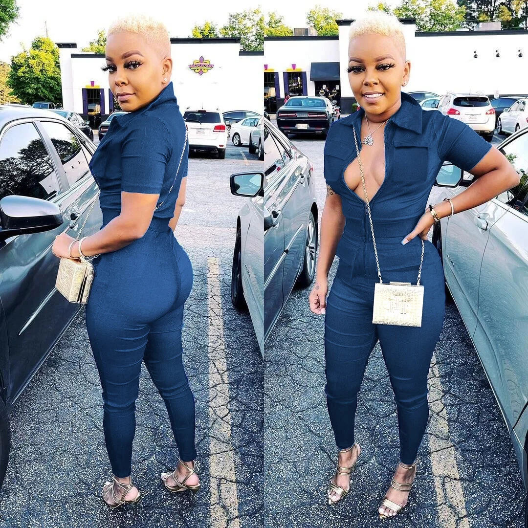 Комбинезон женский джинсовый с завышенной талией узкий джемпер лацканами и