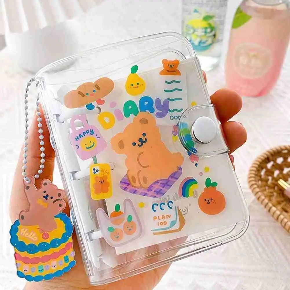 

90 Sheets Cute Cartoon Mini 3 Ring Notebook Loose-leaf Hand Portable Transparent Notebook Book Writing Stationery Student L6k0