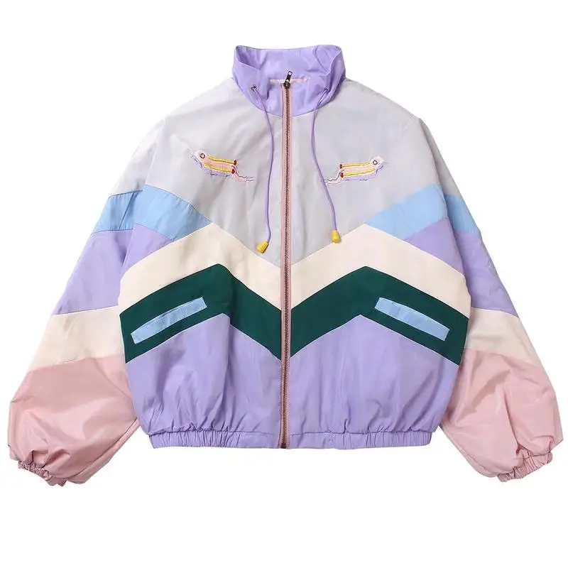 

Women Pastel Bomber Jacket Cute Embroidery Color Block Duster Souvenir Sukajan Jacket Japanese Girls Harajuku Style