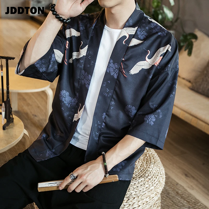 JDDTON весеннее мужское кимоно модный Свободный длинный кардиган с принтом верхняя