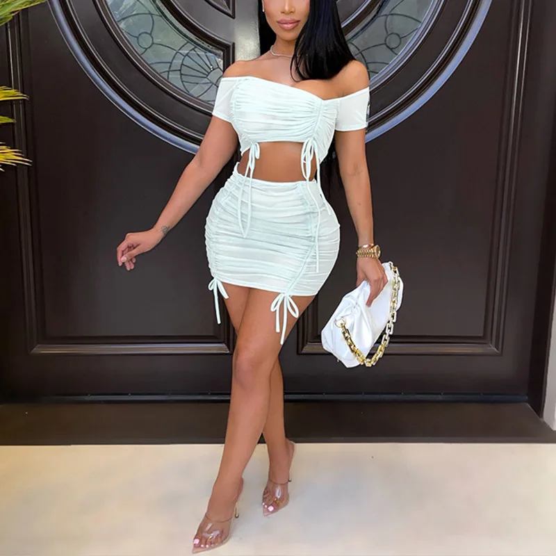 

Sexy Sheer Mesh Skirt 2 Piece Set Slash Neck Ruched Crop Top And Drawstring Mini Skirts See Through Night Club Paty Outfits