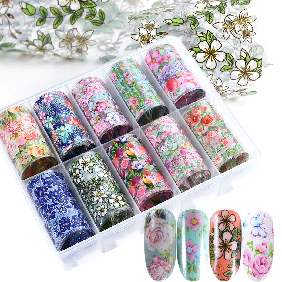 10 шт./коркор. Фольга для ногтей наклейки маникюра украшения с цветами листьями