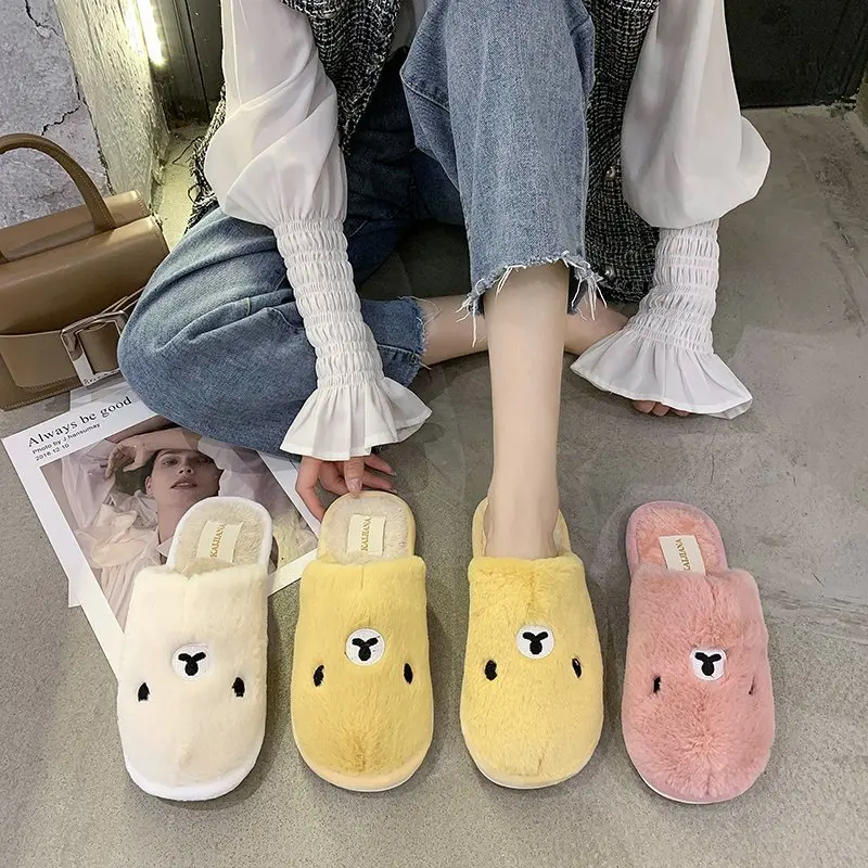 

ZEEKSON Outer Wear Cute Plush Slippers Women Winter Indoor Comfortable Soft Bottom Baotou Half Drag Flat Bottom Couple Slippers