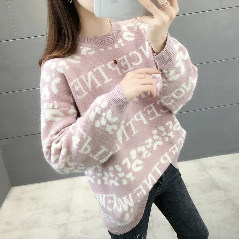 

Round Neck Long Sleeve Lazy Sweater Female Loose Fashion Alphabet Jacquard Stretch Knitted Bottoming Sweater Pullover Women 2020