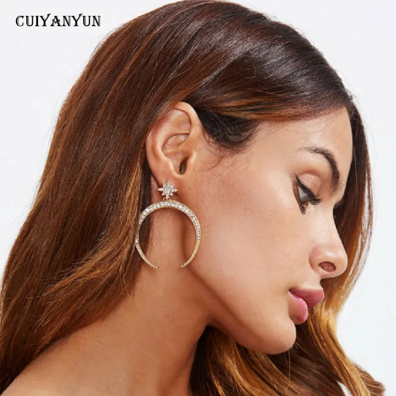

Classic Star Drop Earrings Women Girls Metal Crystal Golden Color Big Moon New Fashion Jewelry Femme Letter C Pendientes Brincos