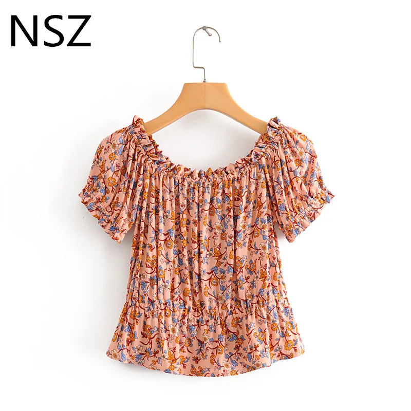 NSZ women printed cotton crop top summer blouse off shoulder sexy ruffles cropped shirt fashion beach style female blusa | Женская