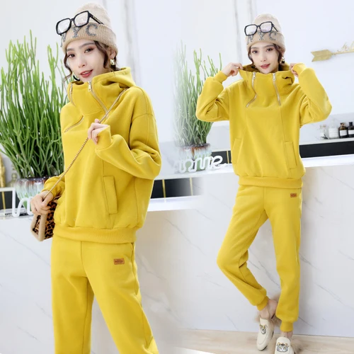 yellow Зимний женский спортивный костюм из плотного флиса, спортивный костюм, теплые толстовки с капюшоном, толстовка+ штаны, повседневный спортивный костюм для бега и тренировок, комплект спортивной одежды - Цвет: yellow