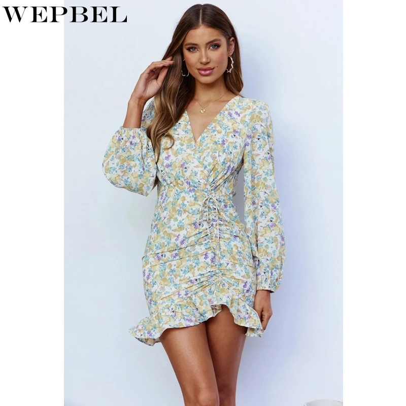 

Повседневное облегающее платье WEPBEL, женское платье с рукавами-фонариками и высокой талией, летнее асимметричное платье с V-образным вырезом...