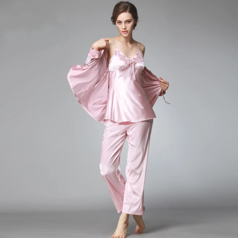 Горячая Распродажа пижамы женские сексуальные атласные сплошной цвет набор