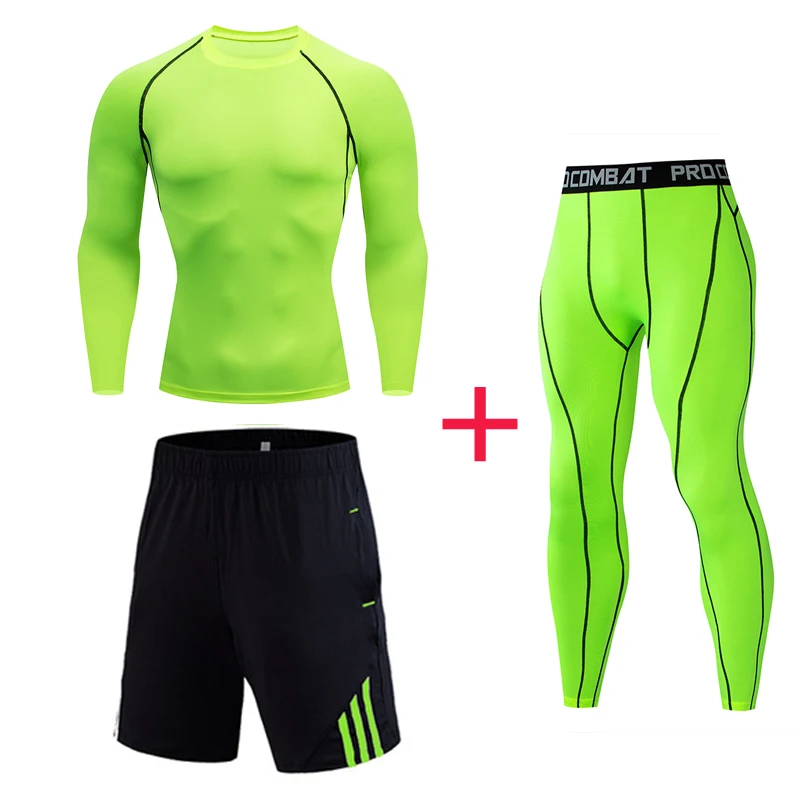 green 3-piece suit Колготки MARVEL, спортивный костюм, 1-3 шт., спортивный костюм для мужчин, сжатый фитнес Рашгард Для mma, мужской спортивный костюм для бега, велосипедное нижнее белье, рубашки - Цвет: green 3-piece suit