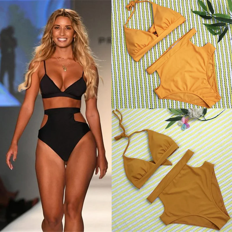 

Горячая Распродажа сексуальные женские комплекты бикини с высокой талией, с вырезами, Бандаж пуш-ап, мягкий однотонный купальник, купальные...