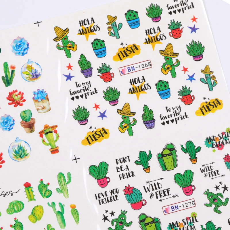 

12 Designs Cactus Water Decals Nail Sticker Green Plant Leaf Filigree Flakes Slider Tattoo Nail Art Decoration BN1261-1272