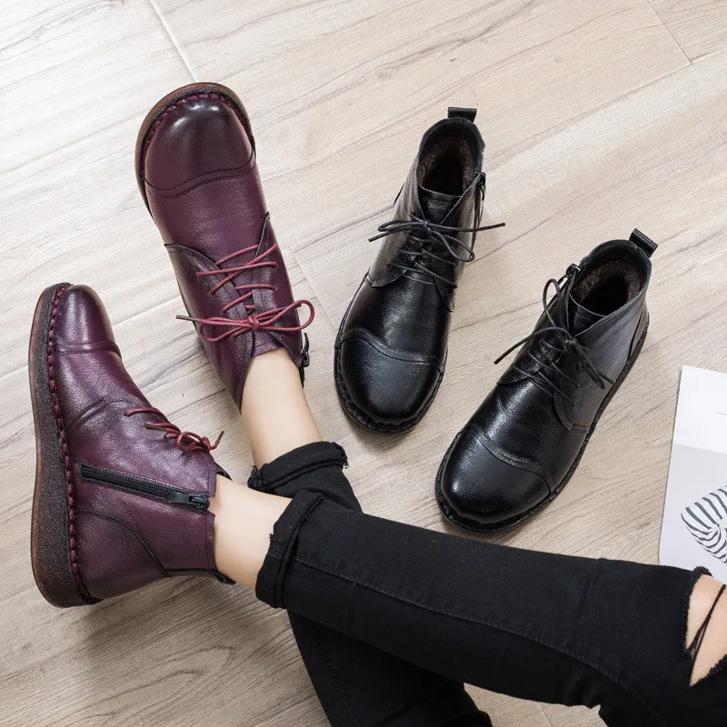 HOVINGE Autumn Lace-Up Genuine Leather Female Short Boot Shoes Women 2019 Winter Plush Non-Slip Side Zipper Boots | Обувь