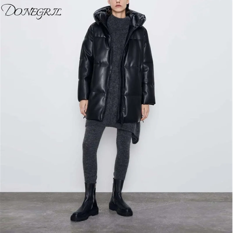 

New 2020 Hooded Faux Leather Parkas Women Fashion PU Leather Coats Women Elegant Zipper Cotton Jackets Female Ladies Za