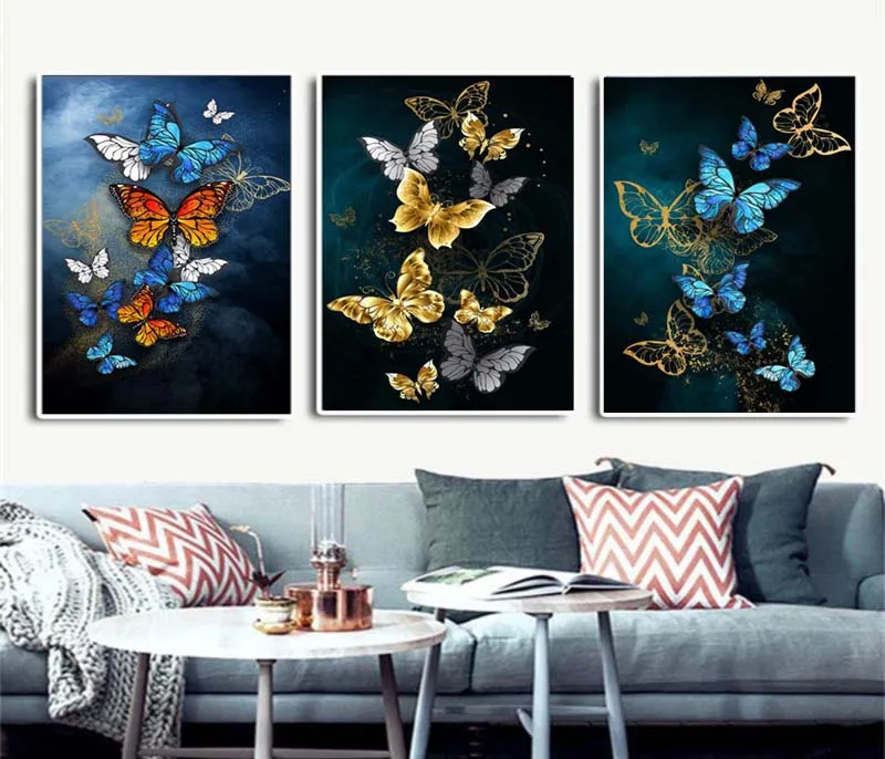 

Modern Luxury Butterfly Mural Wall Art Posters and Paints Night Golden Leaves Decorative Painting Beauty Home Canvas Decor Photo