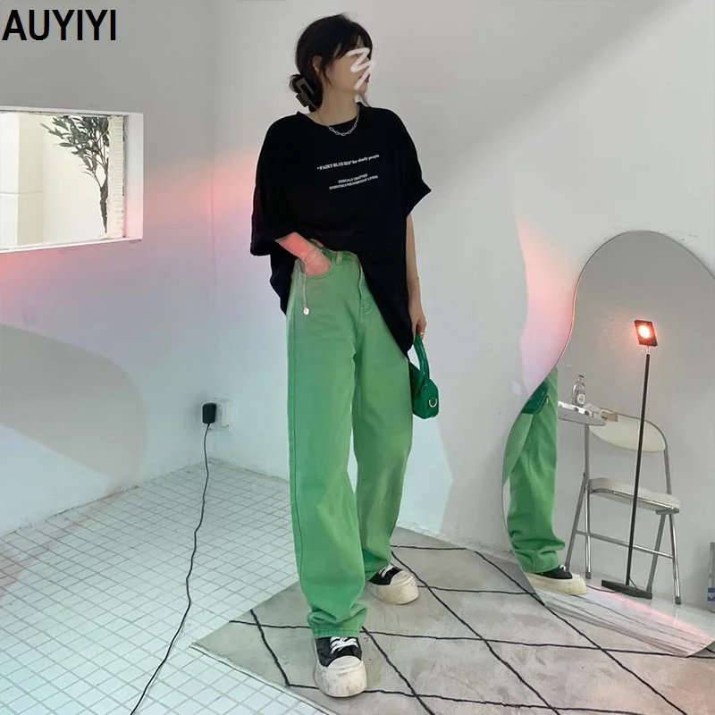 

AUYIYI Women's Summer Fashion New Product Retro Adjustable Buckle High Waist Straight Casual Loose Candy Color Mopping Jeans106