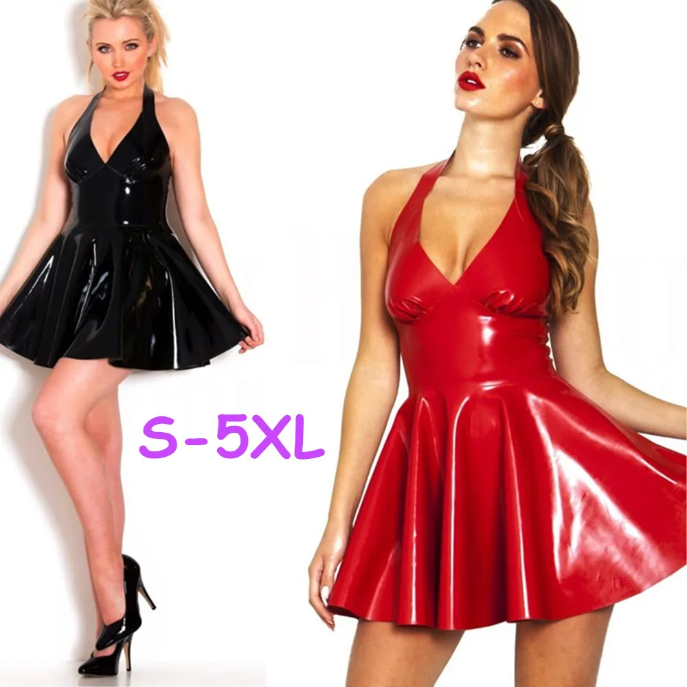 

Plus Size Woman Wet look Leather Dress Halter Collect Waist Ruffled Skirt Sexy Lingerie Latex Dress Tube Sexy Clubwear Dancewear