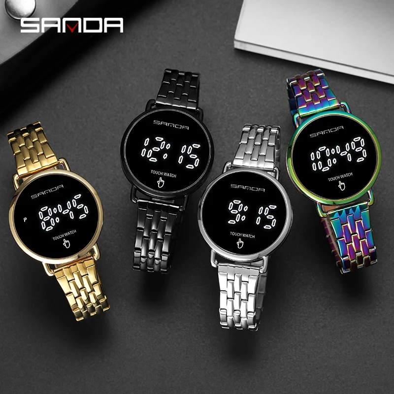 Кварцевые часы SANDA со светодиодным дисплеем цветные из нержавеющей стали модные