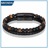 mkendn new 6mm tiger eyes stone bracelets handmade woven multilayer leather bracelets magnetic buckle bangle male jewelry