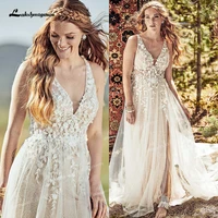 vintage boho wedding dresses 2022 deep v neck sexy high slit bridal dress delicate 3d floral a line bridal gown vestido de novia