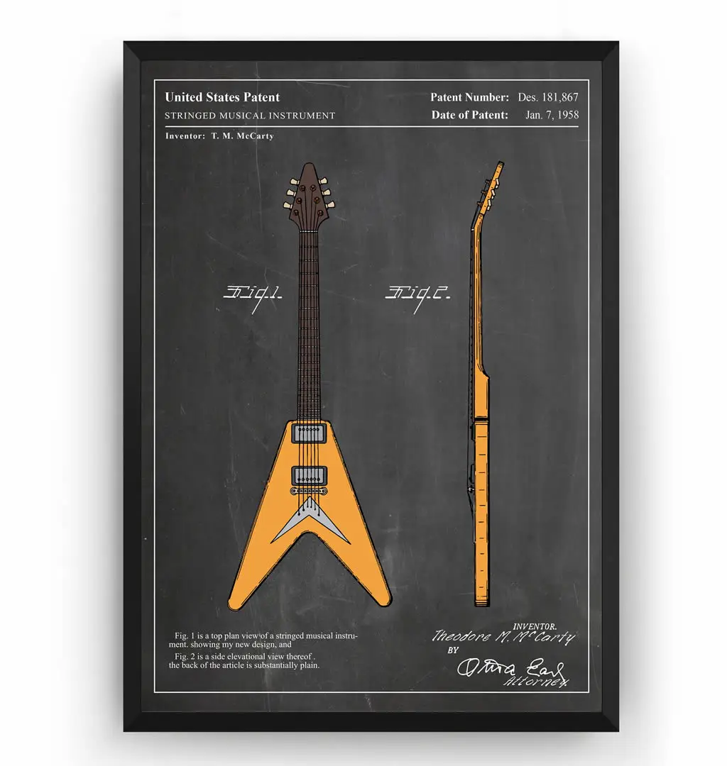 Винтажный Гибсон Летающий V 1958 гитара красочный патент схема плакат Холст